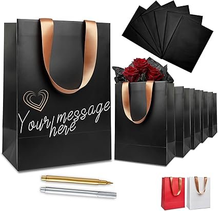 Anavego 6 First-Class Black Gift Bags with Metallic Markers for Personalization & Tissue Paper. Medium Size 8x10″. Matte & Sturdy. Handles from Gold Satin. Birthday Bags Set for Women & Men