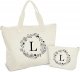 Personalized Initial Canvas Tote Bag with Zipper, Present Bag with Inner Pocket & Make Up Bag, Great Gifts for Women, Mom, Teachers, Friends, Bridesmaids