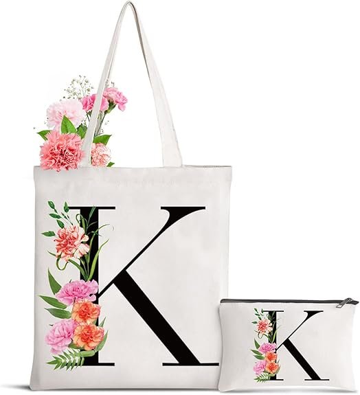Letter Initial Canvas Tote Bag Personalized Present Bag Gift for Mother's Day Bridesmaids Bride Birthday Wedding
