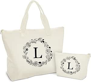 Personalized Initial Canvas Tote Bag with Zipper, Present Bag with Inner Pocket & Make Up Bag, Great Gifts for Women, Mom, Teachers, Friends, Bridesmaids