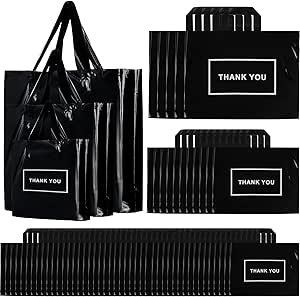 Teling 200 Pcs Thank You Plastic Bags Bulk Thank You Merchandise Bags for Wedding Business, 9 x 12'', 12 x 15'', 15 x 18''(Black)