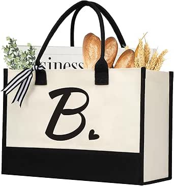 Initial Canvas Tote Bag, Personalized Beach Jute Bag Present for Women Holiday,Friends Birthday Gift,Wedding, New Year