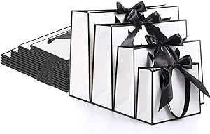 PerKoop 24 Pcs Metallic Paper Gift Bags with Handle Custom Paper Bags Gold Foil Return Gifts for Wedding Fall 5 Senses Christmas Bridesmaid Birthday(White Black)